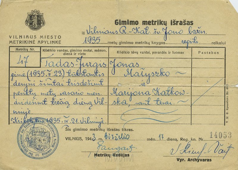 KKE 5507.jpg - (litewski) Dok. Odpis Metryki urodzenia Tadeusza Jerzego Małyszko Nr. 47/14053. Wydane przez Kurię Metropolitalna w Wilnie, Wilno, 17 VI 1943 r.